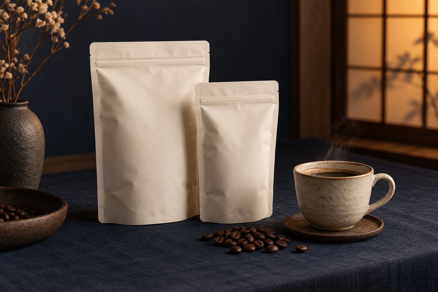 コーヒー袋とカップを静かな光の中に並べた仮イメージ